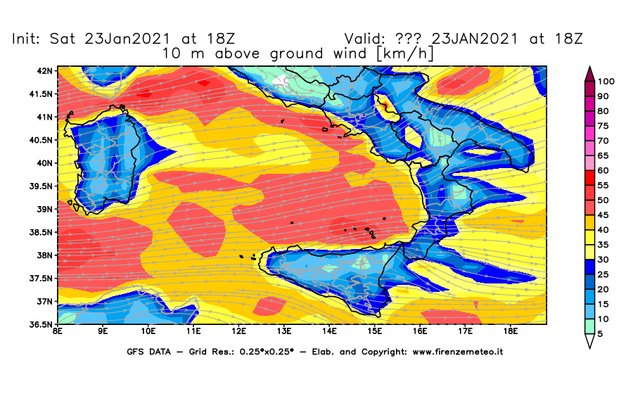 Mappa di analisi GFS - Velocità del vento a 10 metri dal suolo [km/h] in Sud-Italia
							del 23/01/2021 18 <!--googleoff: index-->UTC<!--googleon: index-->