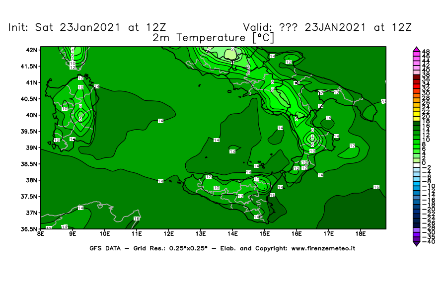 Mappa di analisi GFS - Temperatura a 2 metri dal suolo [°C] in Sud-Italia
							del 23/01/2021 12 <!--googleoff: index-->UTC<!--googleon: index-->
