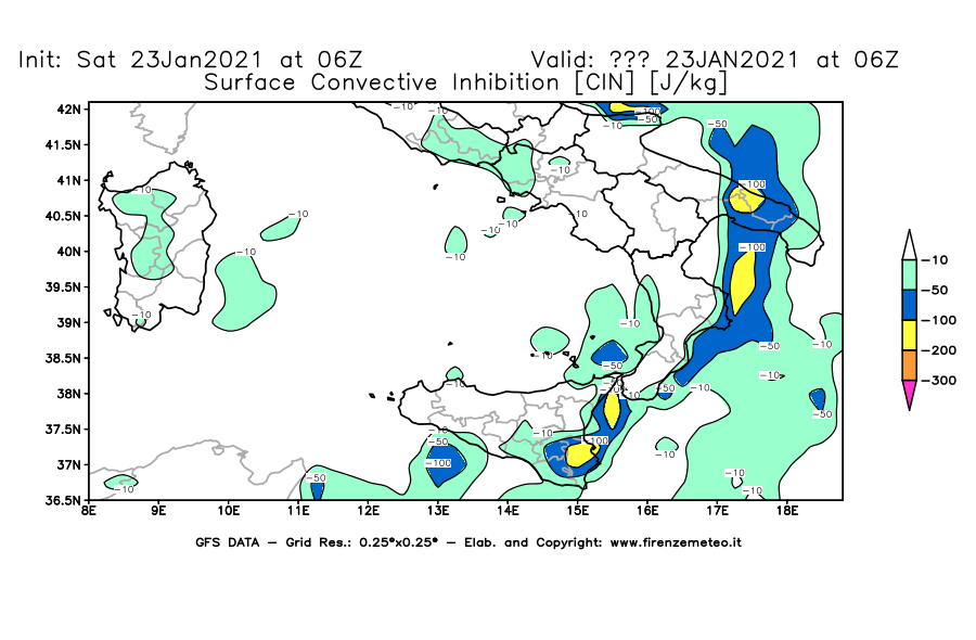 Mappa di analisi GFS - CIN [J/kg] in Sud-Italia
									del 23/01/2021 06 <!--googleoff: index-->UTC<!--googleon: index-->