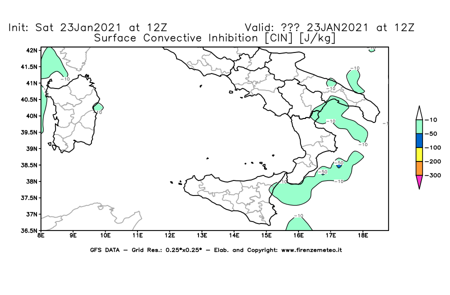 Mappa di analisi GFS - CIN [J/kg] in Sud-Italia
							del 23/01/2021 12 <!--googleoff: index-->UTC<!--googleon: index-->