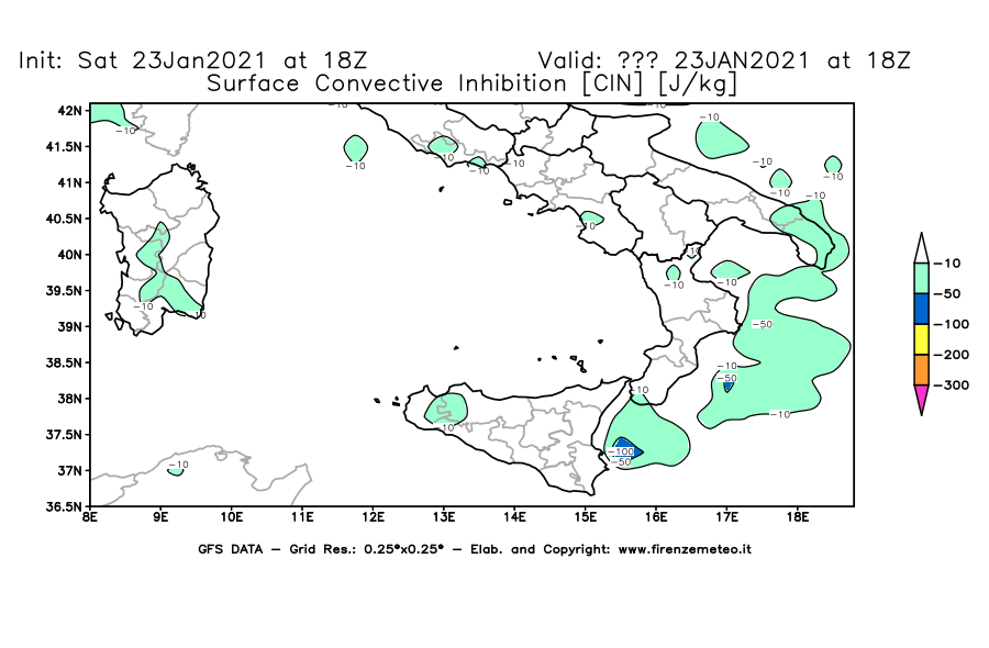 Mappa di analisi GFS - CIN [J/kg] in Sud-Italia
							del 23/01/2021 18 <!--googleoff: index-->UTC<!--googleon: index-->