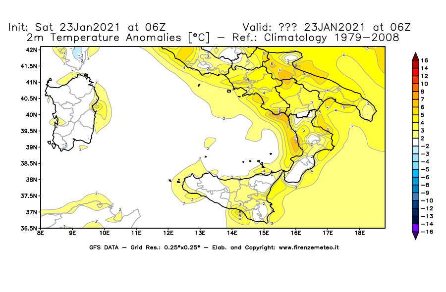 Mappa di analisi GFS - Anomalia Temperatura [°C] a 2 m in Sud-Italia
									del 23/01/2021 06 <!--googleoff: index-->UTC<!--googleon: index-->