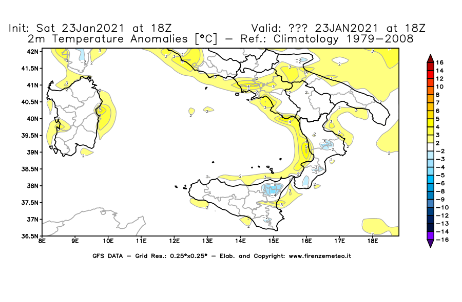 Mappa di analisi GFS - Anomalia Temperatura [°C] a 2 m in Sud-Italia
									del 23/01/2021 18 <!--googleoff: index-->UTC<!--googleon: index-->