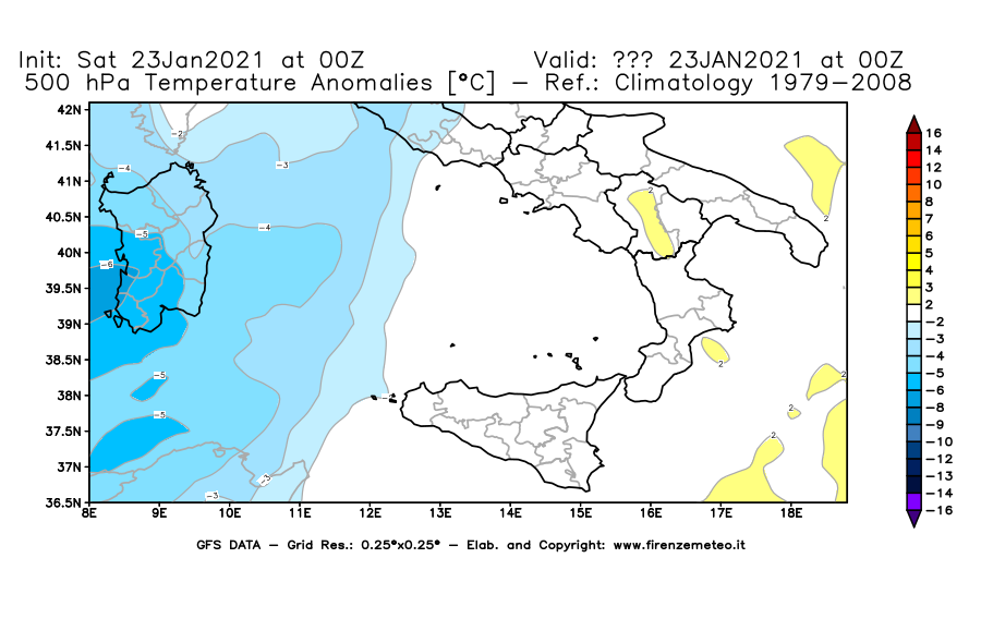 Mappa di analisi GFS - Anomalia Temperatura [°C] a 500 hPa in Sud-Italia
									del 23/01/2021 00 <!--googleoff: index-->UTC<!--googleon: index-->