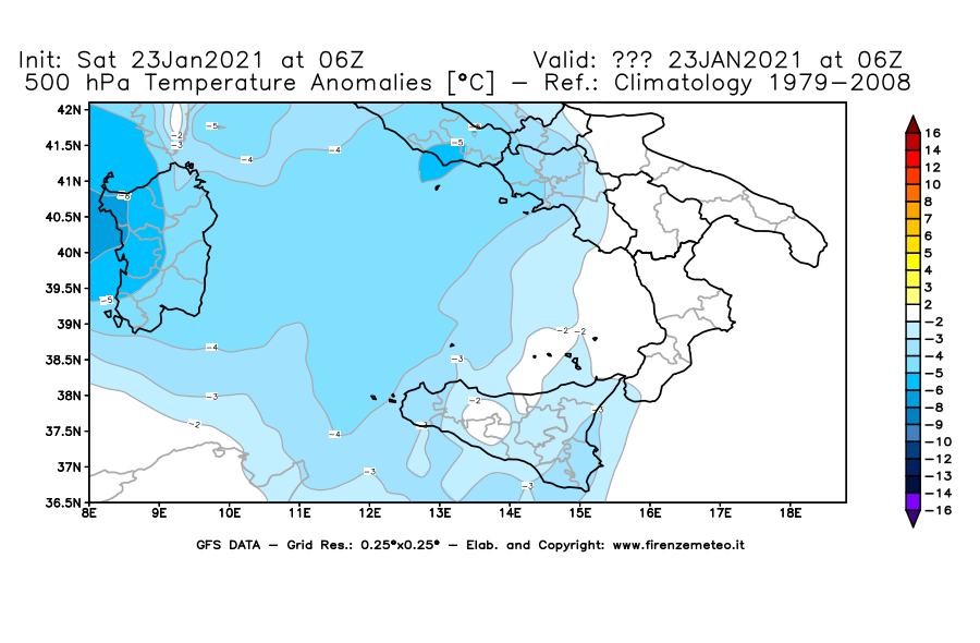 Mappa di analisi GFS - Anomalia Temperatura [°C] a 500 hPa in Sud-Italia
									del 23/01/2021 06 <!--googleoff: index-->UTC<!--googleon: index-->