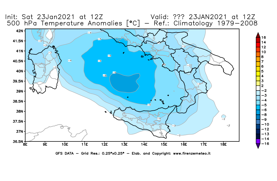 Mappa di analisi GFS - Anomalia Temperatura [°C] a 500 hPa in Sud-Italia
									del 23/01/2021 12 <!--googleoff: index-->UTC<!--googleon: index-->