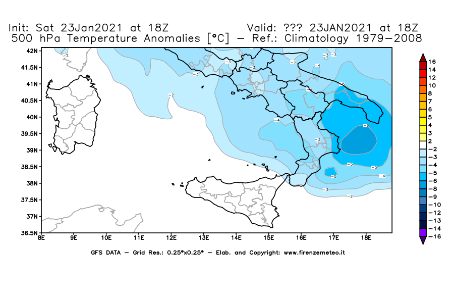 Mappa di analisi GFS - Anomalia Temperatura [°C] a 500 hPa in Sud-Italia
									del 23/01/2021 18 <!--googleoff: index-->UTC<!--googleon: index-->