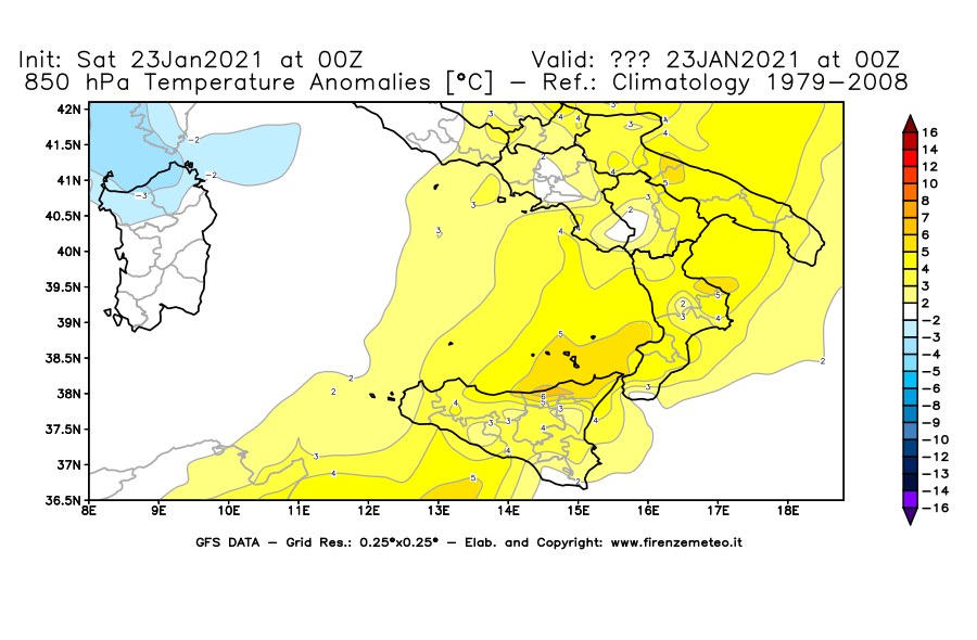 Mappa di analisi GFS - Anomalia Temperatura [°C] a 850 hPa in Sud-Italia
							del 23/01/2021 00 <!--googleoff: index-->UTC<!--googleon: index-->