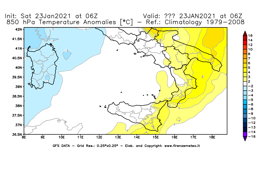 Mappa di analisi GFS - Anomalia Temperatura [°C] a 850 hPa in Sud-Italia
									del 23/01/2021 06 <!--googleoff: index-->UTC<!--googleon: index-->