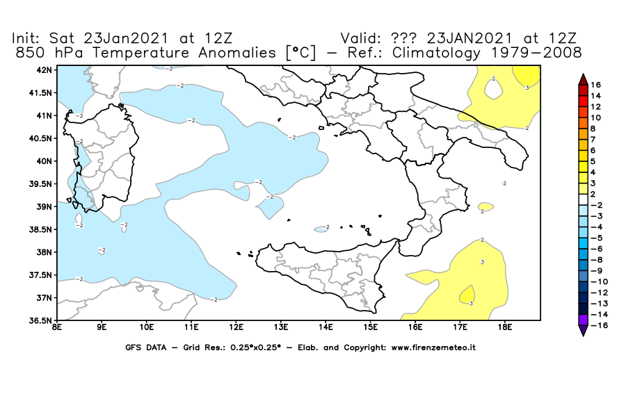 Mappa di analisi GFS - Anomalia Temperatura [°C] a 850 hPa in Sud-Italia
							del 23/01/2021 12 <!--googleoff: index-->UTC<!--googleon: index-->