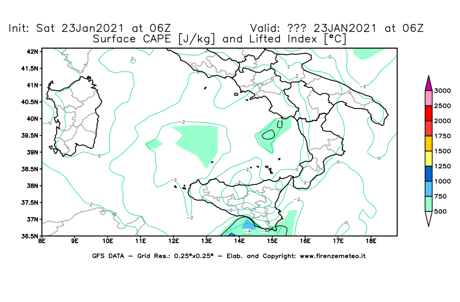 Mappa di analisi GFS - CAPE [J/kg] e Lifted Index [°C] in Sud-Italia
									del 23/01/2021 06 <!--googleoff: index-->UTC<!--googleon: index-->