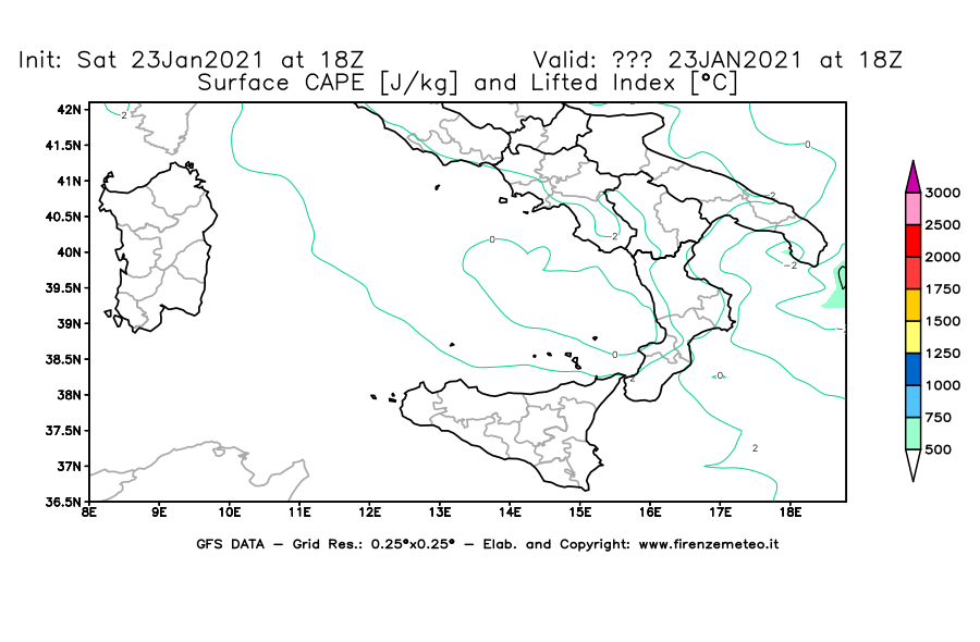 Mappa di analisi GFS - CAPE [J/kg] e Lifted Index [°C] in Sud-Italia
									del 23/01/2021 18 <!--googleoff: index-->UTC<!--googleon: index-->