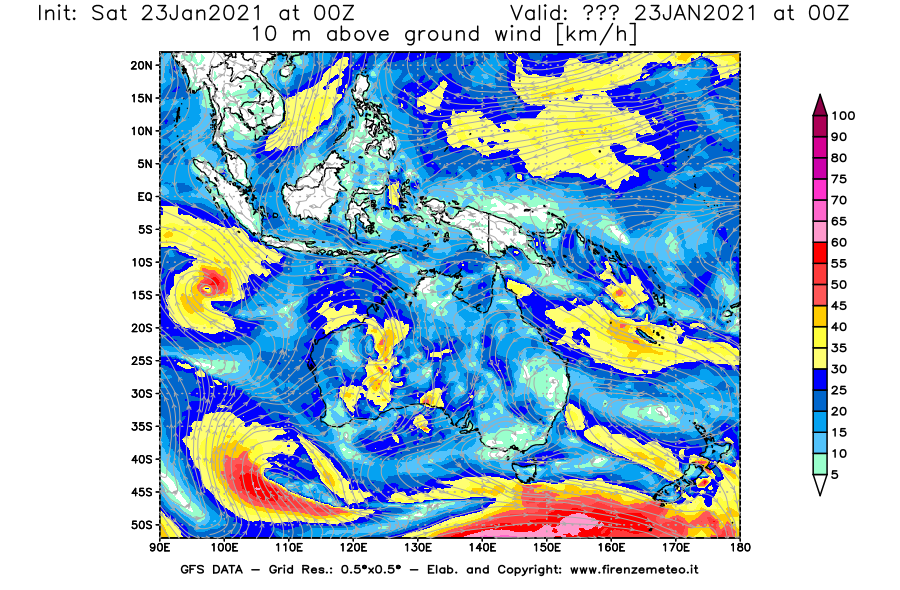 Mappa di analisi GFS - Velocità del vento a 10 metri dal suolo [km/h] in Oceania
							del 23/01/2021 00 <!--googleoff: index-->UTC<!--googleon: index-->