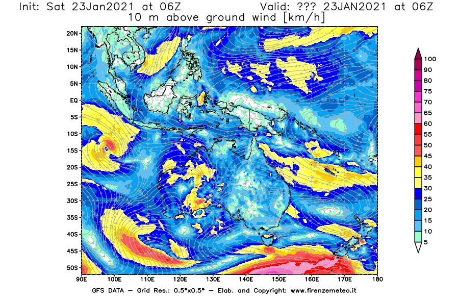 Mappa di analisi GFS - Velocità del vento a 10 metri dal suolo [km/h] in Oceania
									del 23/01/2021 06 <!--googleoff: index-->UTC<!--googleon: index-->