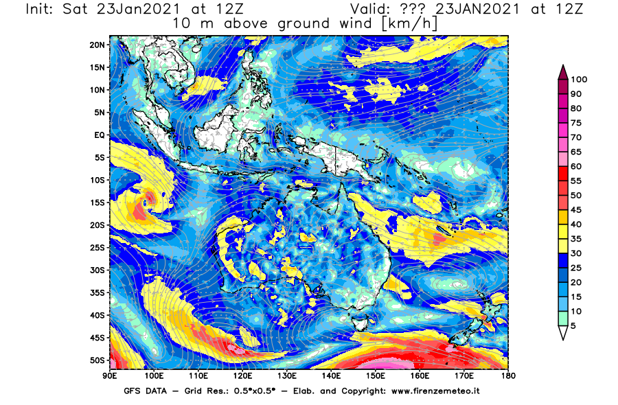 Mappa di analisi GFS - Velocità del vento a 10 metri dal suolo [km/h] in Oceania
							del 23/01/2021 12 <!--googleoff: index-->UTC<!--googleon: index-->