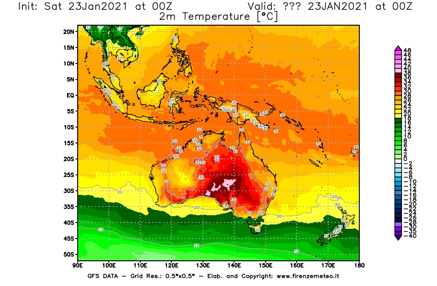 Mappa di analisi GFS - Temperatura a 2 metri dal suolo [°C] in Oceania
									del 23/01/2021 00 <!--googleoff: index-->UTC<!--googleon: index-->