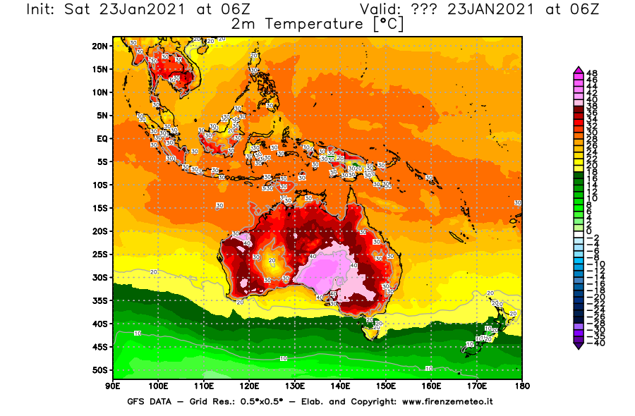 Mappa di analisi GFS - Temperatura a 2 metri dal suolo [°C] in Oceania
									del 23/01/2021 06 <!--googleoff: index-->UTC<!--googleon: index-->
