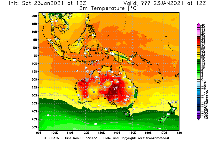 Mappa di analisi GFS - Temperatura a 2 metri dal suolo [°C] in Oceania
									del 23/01/2021 12 <!--googleoff: index-->UTC<!--googleon: index-->