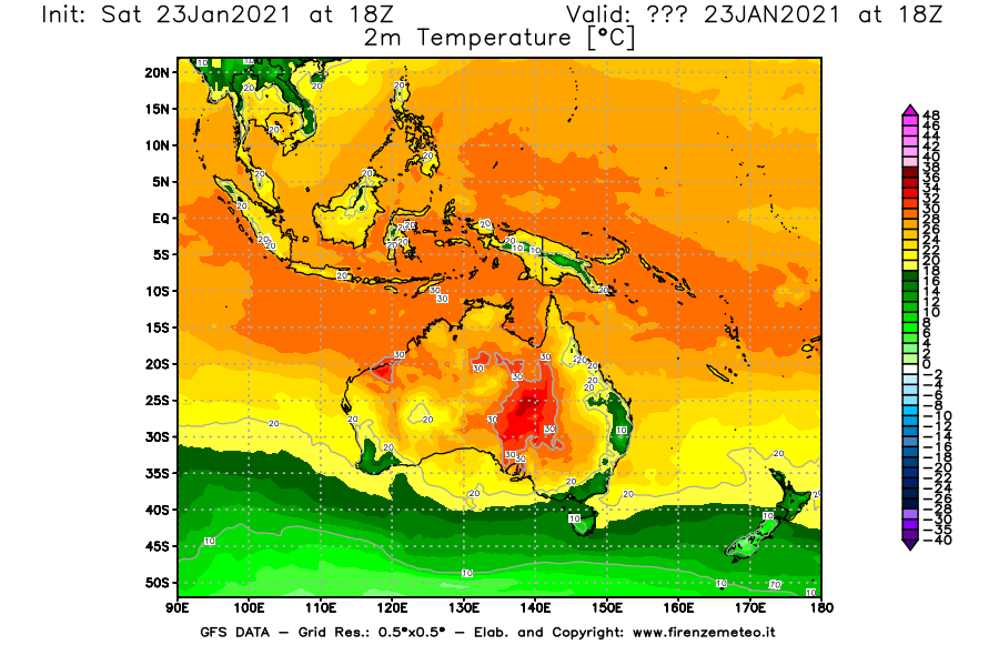 Mappa di analisi GFS - Temperatura a 2 metri dal suolo [°C] in Oceania
							del 23/01/2021 18 <!--googleoff: index-->UTC<!--googleon: index-->