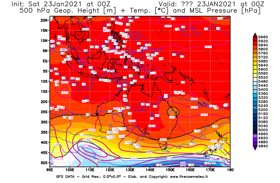 Mappa di analisi GFS - Geopotenziale [m] + Temp. [°C] a 500 hPa + Press. a livello del mare [hPa] in Oceania
									del 23/01/2021 00 <!--googleoff: index-->UTC<!--googleon: index-->