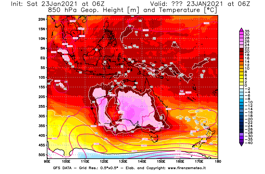 Mappa di analisi GFS - Geopotenziale [m] e Temperatura [°C] a 850 hPa in Oceania
									del 23/01/2021 06 <!--googleoff: index-->UTC<!--googleon: index-->