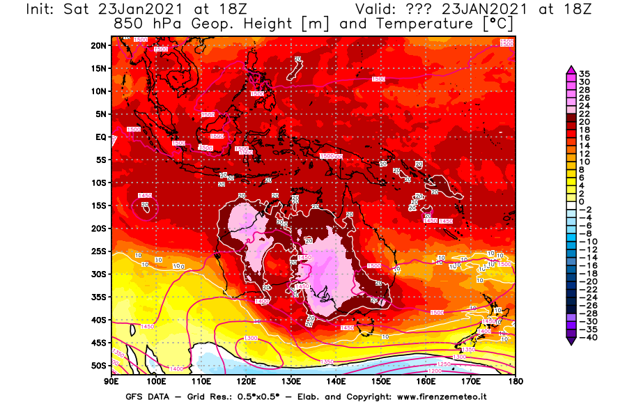 Mappa di analisi GFS - Geopotenziale [m] e Temperatura [°C] a 850 hPa in Oceania
									del 23/01/2021 18 <!--googleoff: index-->UTC<!--googleon: index-->