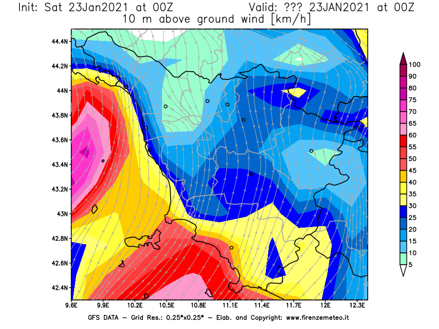Mappa di analisi GFS - Velocità del vento a 10 metri dal suolo [km/h] in Toscana
									del 23/01/2021 00 <!--googleoff: index-->UTC<!--googleon: index-->
