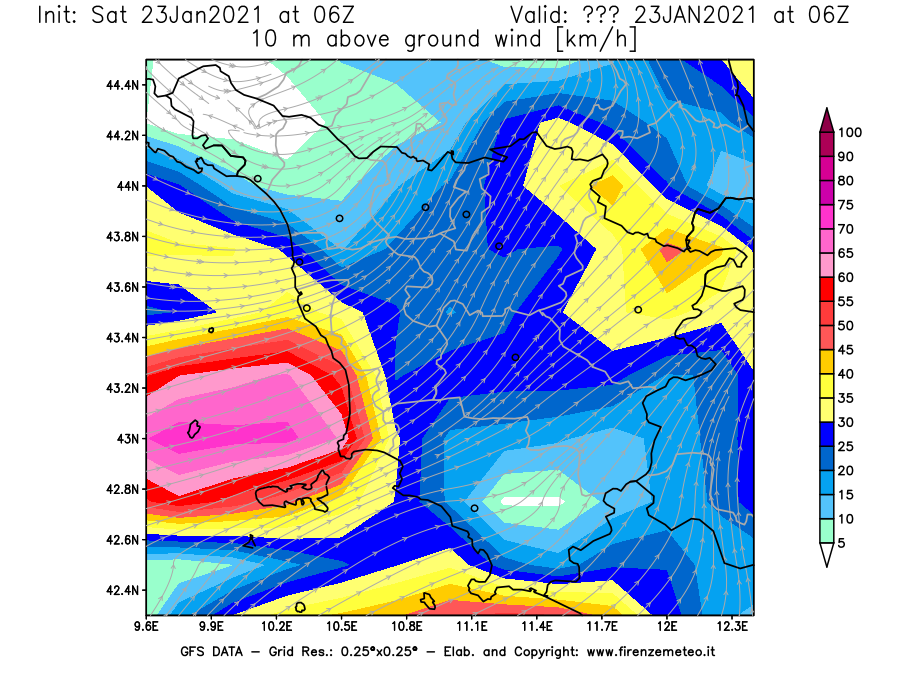 Mappa di analisi GFS - Velocità del vento a 10 metri dal suolo [km/h] in Toscana
									del 23/01/2021 06 <!--googleoff: index-->UTC<!--googleon: index-->