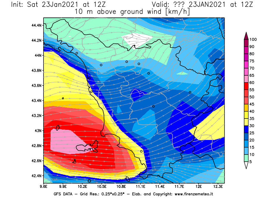 Mappa di analisi GFS - Velocità del vento a 10 metri dal suolo [km/h] in Toscana
									del 23/01/2021 12 <!--googleoff: index-->UTC<!--googleon: index-->