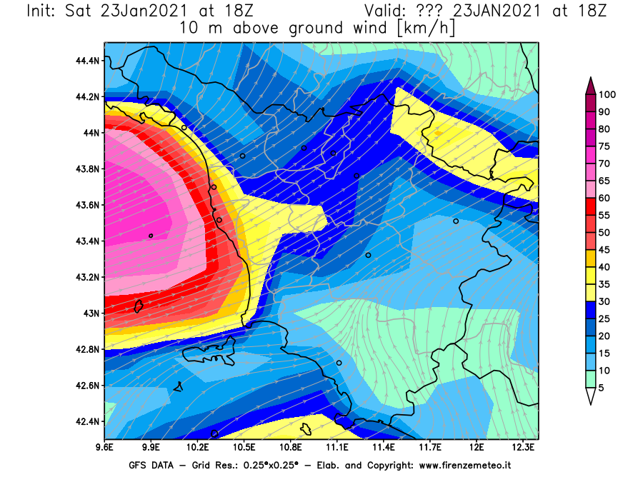 Mappa di analisi GFS - Velocità del vento a 10 metri dal suolo [km/h] in Toscana
							del 23/01/2021 18 <!--googleoff: index-->UTC<!--googleon: index-->