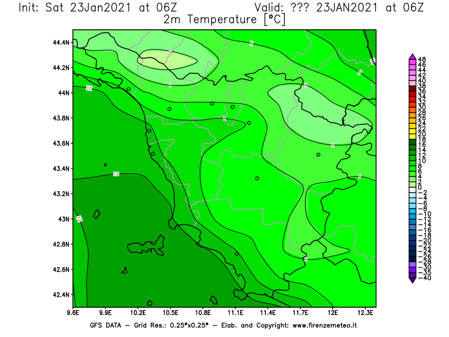 Mappa di analisi GFS - Temperatura a 2 metri dal suolo [°C] in Toscana
									del 23/01/2021 06 <!--googleoff: index-->UTC<!--googleon: index-->