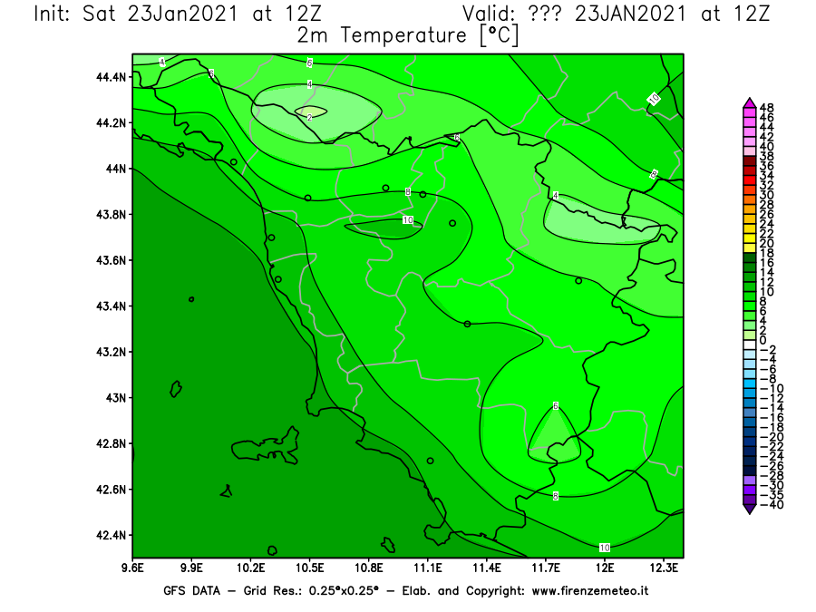 Mappa di analisi GFS - Temperatura a 2 metri dal suolo [°C] in Toscana
									del 23/01/2021 12 <!--googleoff: index-->UTC<!--googleon: index-->