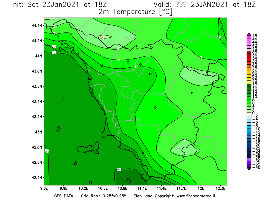 Mappa di analisi GFS - Temperatura a 2 metri dal suolo [°C] in Toscana
									del 23/01/2021 18 <!--googleoff: index-->UTC<!--googleon: index-->