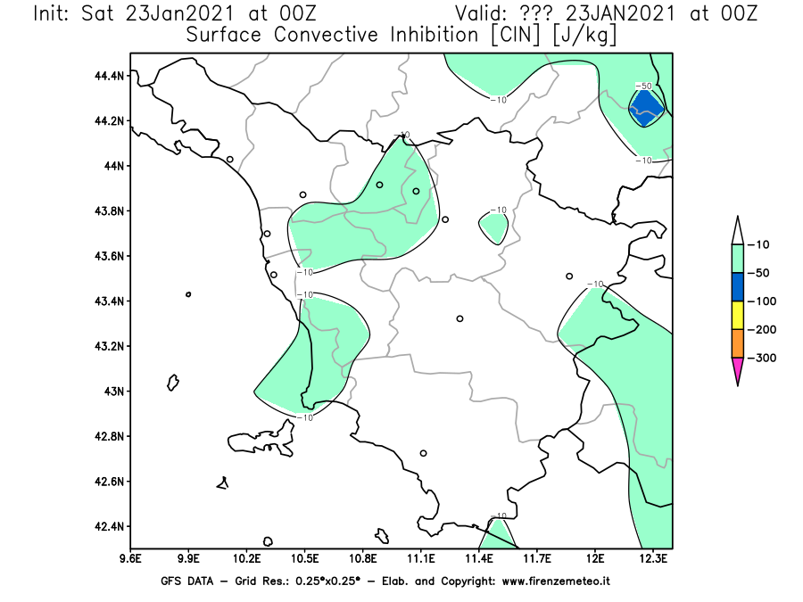 Mappa di analisi GFS - CIN [J/kg] in Toscana
									del 23/01/2021 00 <!--googleoff: index-->UTC<!--googleon: index-->