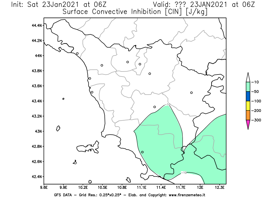 Mappa di analisi GFS - CIN [J/kg] in Toscana
							del 23/01/2021 06 <!--googleoff: index-->UTC<!--googleon: index-->
