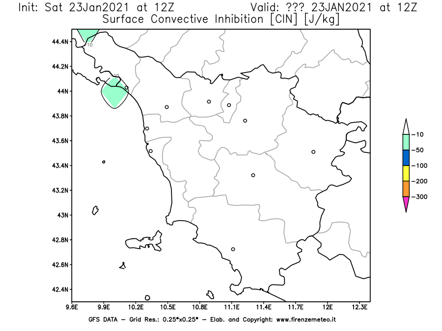 Mappa di analisi GFS - CIN [J/kg] in Toscana
							del 23/01/2021 12 <!--googleoff: index-->UTC<!--googleon: index-->