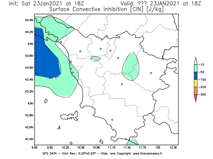 Mappa di analisi GFS - CIN [J/kg] in Toscana
									del 23/01/2021 18 <!--googleoff: index-->UTC<!--googleon: index-->