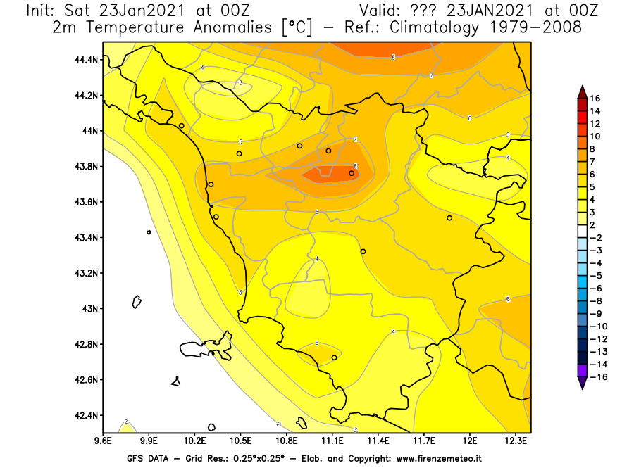 Mappa di analisi GFS - Anomalia Temperatura [°C] a 2 m in Toscana
									del 23/01/2021 00 <!--googleoff: index-->UTC<!--googleon: index-->