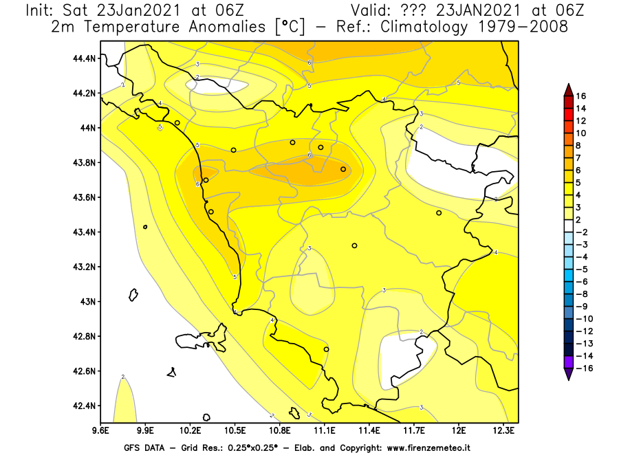 Mappa di analisi GFS - Anomalia Temperatura [°C] a 2 m in Toscana
							del 23/01/2021 06 <!--googleoff: index-->UTC<!--googleon: index-->