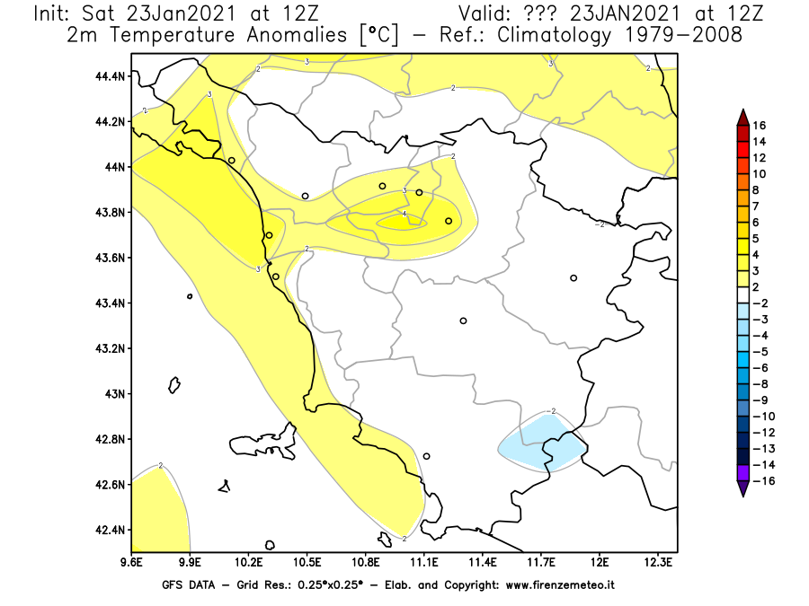 Mappa di analisi GFS - Anomalia Temperatura [°C] a 2 m in Toscana
									del 23/01/2021 12 <!--googleoff: index-->UTC<!--googleon: index-->