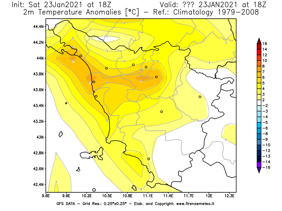 Mappa di analisi GFS - Anomalia Temperatura [°C] a 2 m in Toscana
									del 23/01/2021 18 <!--googleoff: index-->UTC<!--googleon: index-->