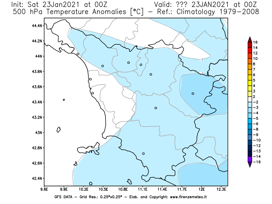 Mappa di analisi GFS - Anomalia Temperatura [°C] a 500 hPa in Toscana
							del 23/01/2021 00 <!--googleoff: index-->UTC<!--googleon: index-->