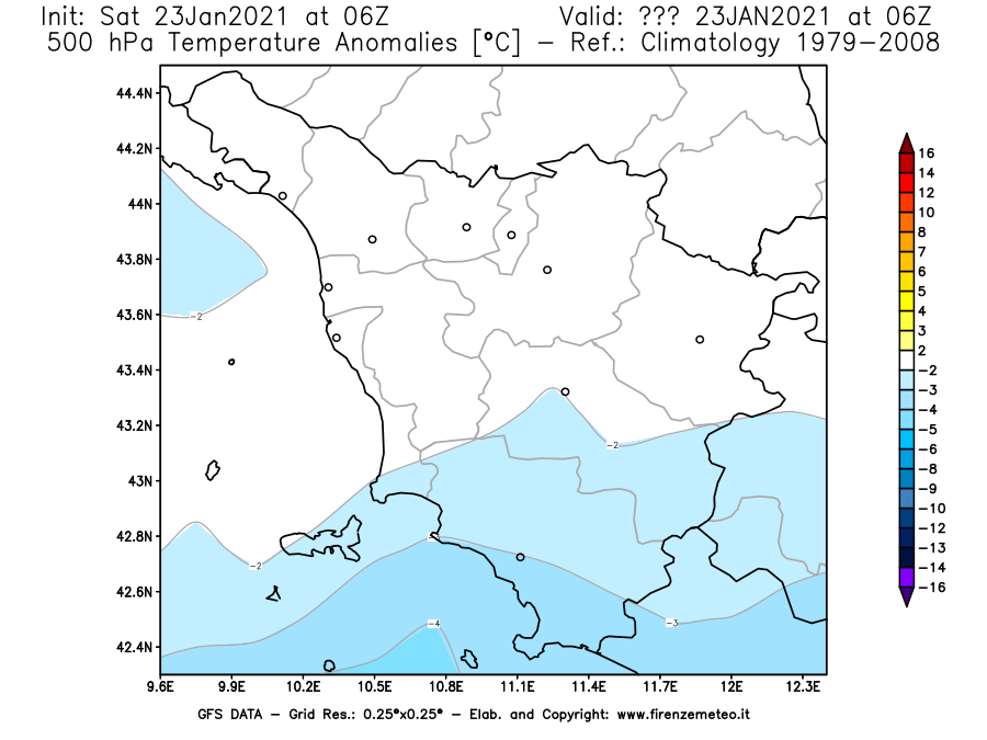 Mappa di analisi GFS - Anomalia Temperatura [°C] a 500 hPa in Toscana
									del 23/01/2021 06 <!--googleoff: index-->UTC<!--googleon: index-->