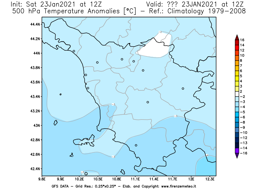 Mappa di analisi GFS - Anomalia Temperatura [°C] a 500 hPa in Toscana
							del 23/01/2021 12 <!--googleoff: index-->UTC<!--googleon: index-->