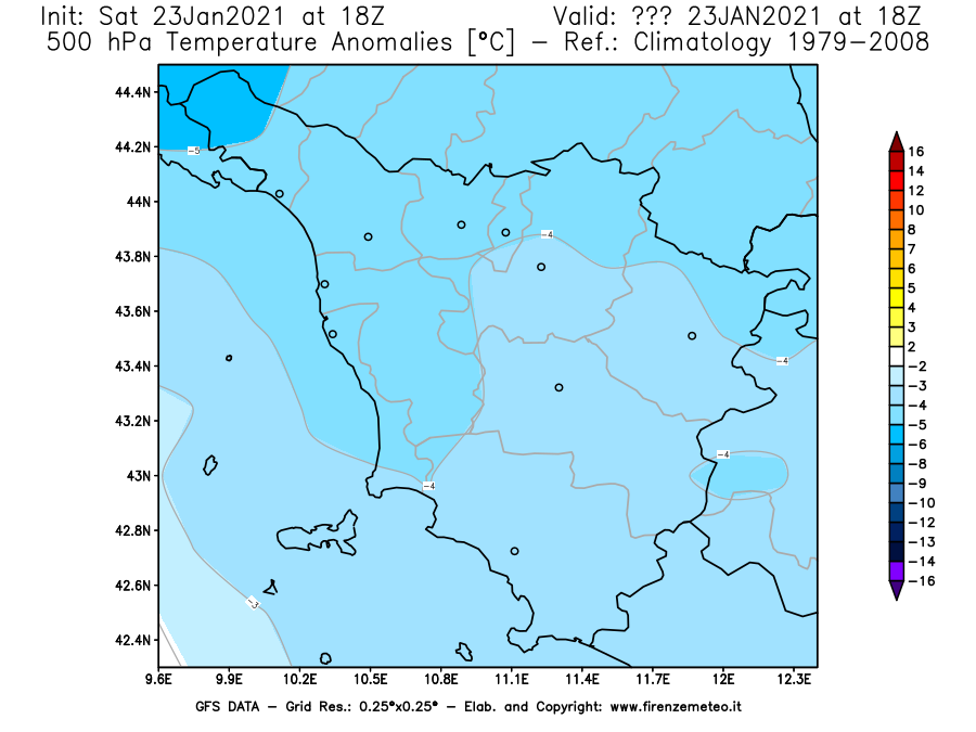 Mappa di analisi GFS - Anomalia Temperatura [°C] a 500 hPa in Toscana
									del 23/01/2021 18 <!--googleoff: index-->UTC<!--googleon: index-->