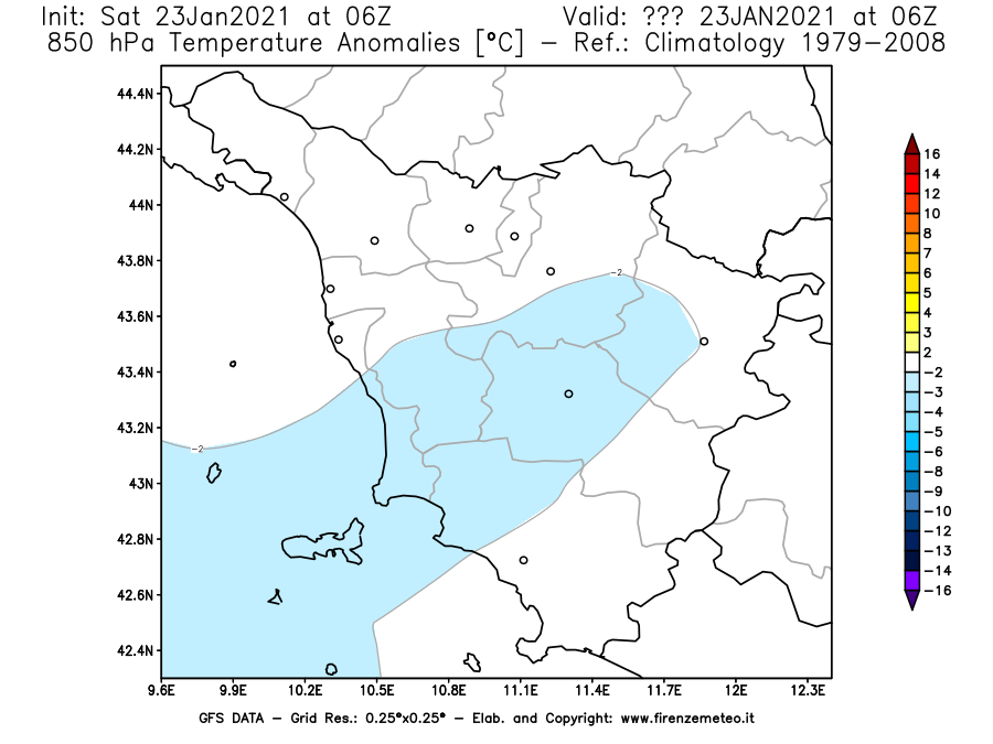 Mappa di analisi GFS - Anomalia Temperatura [°C] a 850 hPa in Toscana
							del 23/01/2021 06 <!--googleoff: index-->UTC<!--googleon: index-->