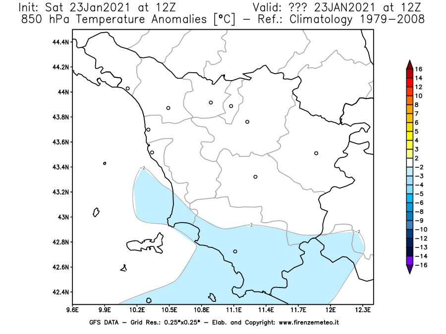 Mappa di analisi GFS - Anomalia Temperatura [°C] a 850 hPa in Toscana
							del 23/01/2021 12 <!--googleoff: index-->UTC<!--googleon: index-->