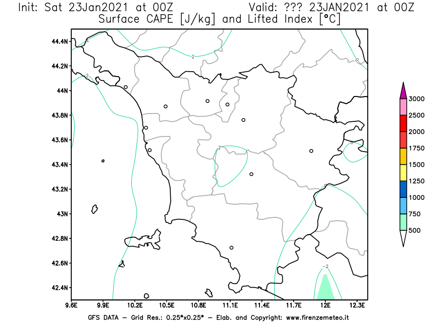 Mappa di analisi GFS - CAPE [J/kg] e Lifted Index [°C] in Toscana
							del 23/01/2021 00 <!--googleoff: index-->UTC<!--googleon: index-->