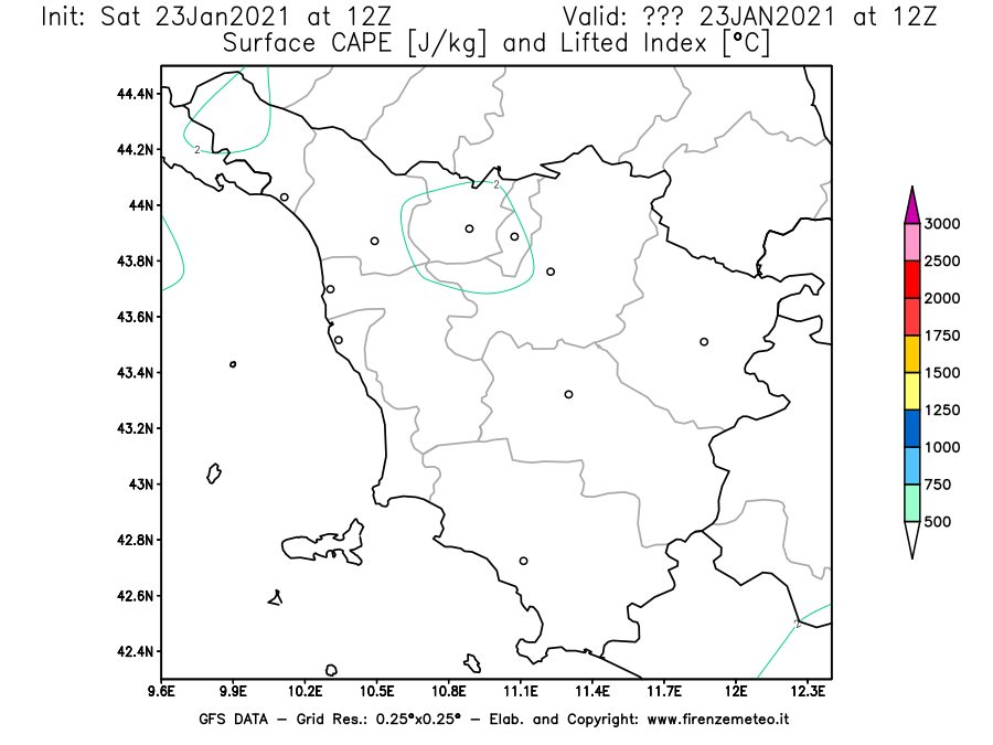 Mappa di analisi GFS - CAPE [J/kg] e Lifted Index [°C] in Toscana
									del 23/01/2021 12 <!--googleoff: index-->UTC<!--googleon: index-->