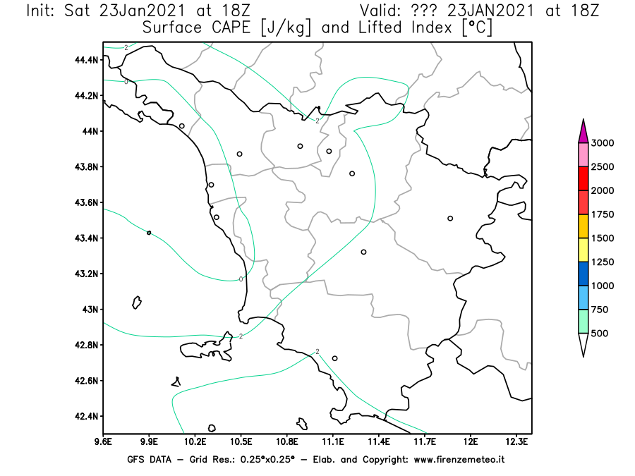 Mappa di analisi GFS - CAPE [J/kg] e Lifted Index [°C] in Toscana
							del 23/01/2021 18 <!--googleoff: index-->UTC<!--googleon: index-->
